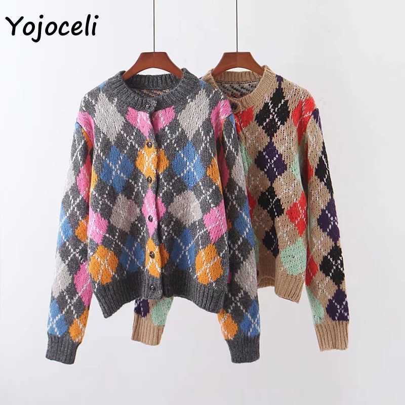 Yojoceli geometric plaid knit sweater cardigan women round neck casual loose jumper outerwear streetwear 210609