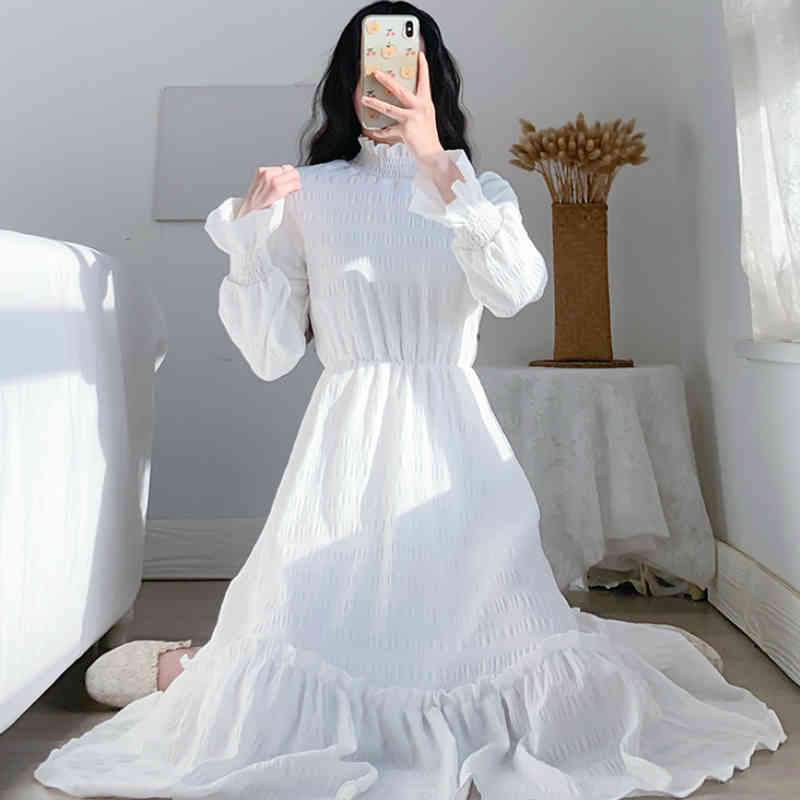 Spring Summer Elegant Women Dresses Flare Sleeve Turtleneck Elastic Waist Party White Dress Mujer Vestidos Drop 210514