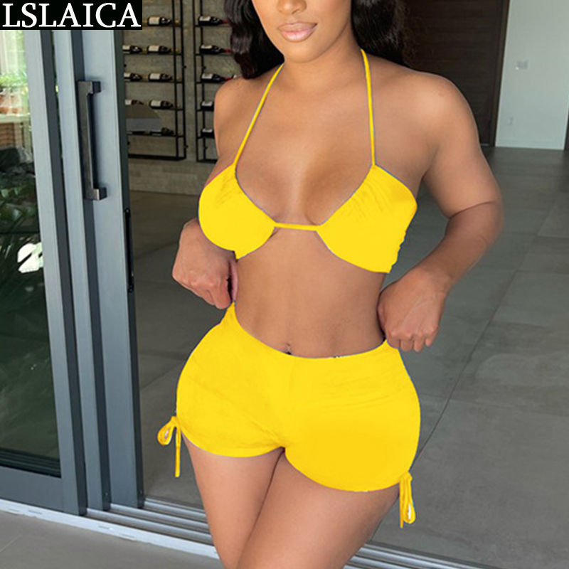 Women's Swimsuit Solid Color Strapless Tops&short Pants Summer Sexy Clubwear Night Swimwear Suit 210520