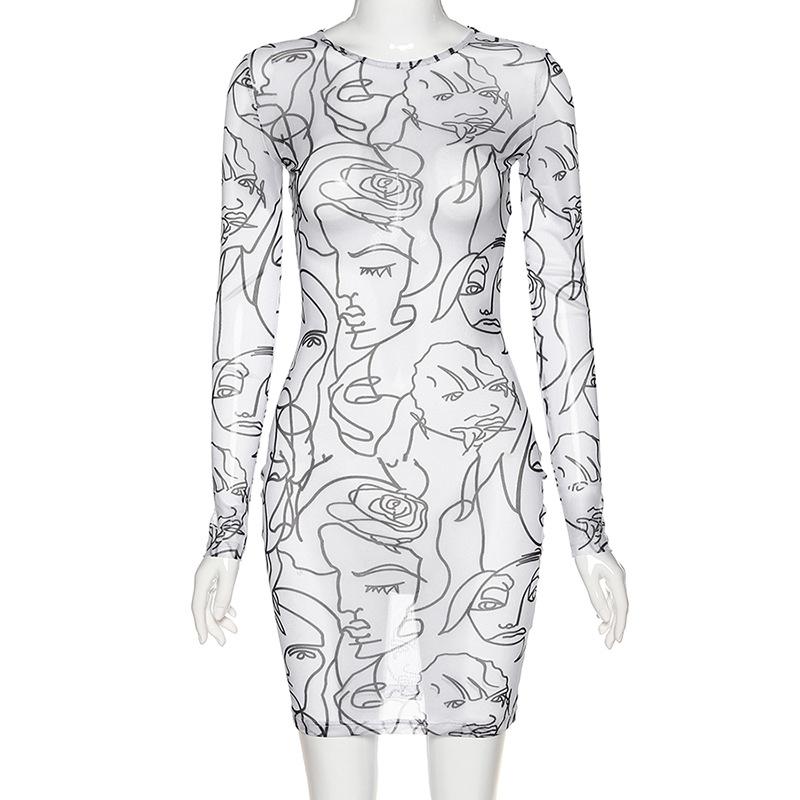 Print See-through Mesh Cloth Summmer Dress 2021 Slim Fit Bodycon Long Sleeve O-Neck Women Dresses Vestidos Mujer Casual