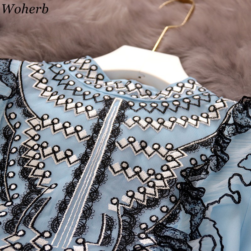 Blouse Women Spring O Neck Ruffled Chiffon Shirt Embroidery Lace Gauze Lantern Sleeve Tops Slim Fit Pullover Chic 210519