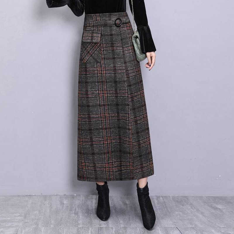 Elegant Retro Female Hight Waist Woolen Long Plaid Skirt Women Casual Straight Vintage Fashion Maxi Jupe Longue Femme Slim 210619
