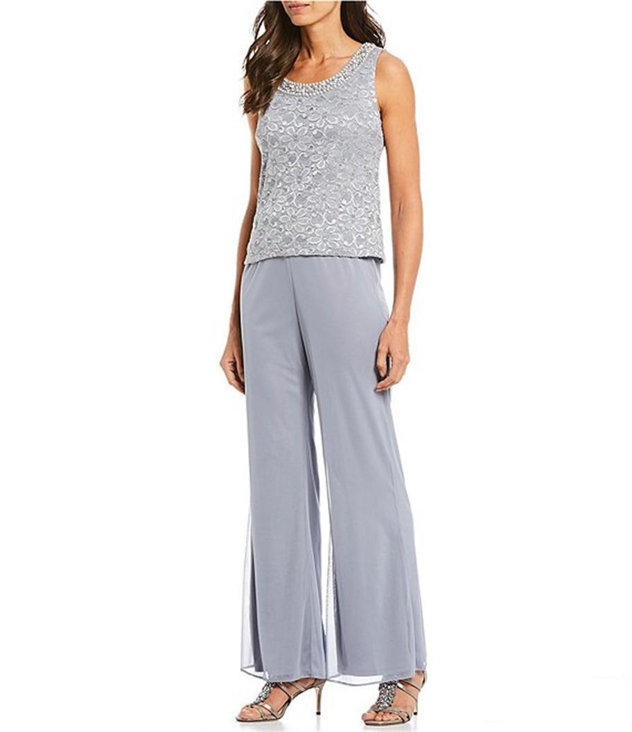 Summer Chiffon Mother Of The Pant Suits Three Pieces Lace Pearl Beaded Wedding Guest Dress Plus Size Pant Suits
