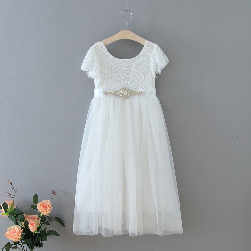 

Girl's Dresses Retail Summer Girl Princess Eyelash Lace Flare Sleeve Straight Tulle Bohemia Beach For Wedding Party E13844 T5A0, White with sash