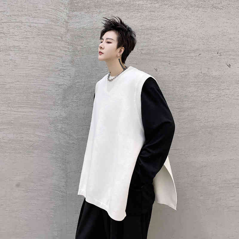 IEFB Spring Solid Color Round Neck Side Button Decoration Men's Knitted Vest Split Sleeveless Waistcoat Loose Casual 9Y5302 210524