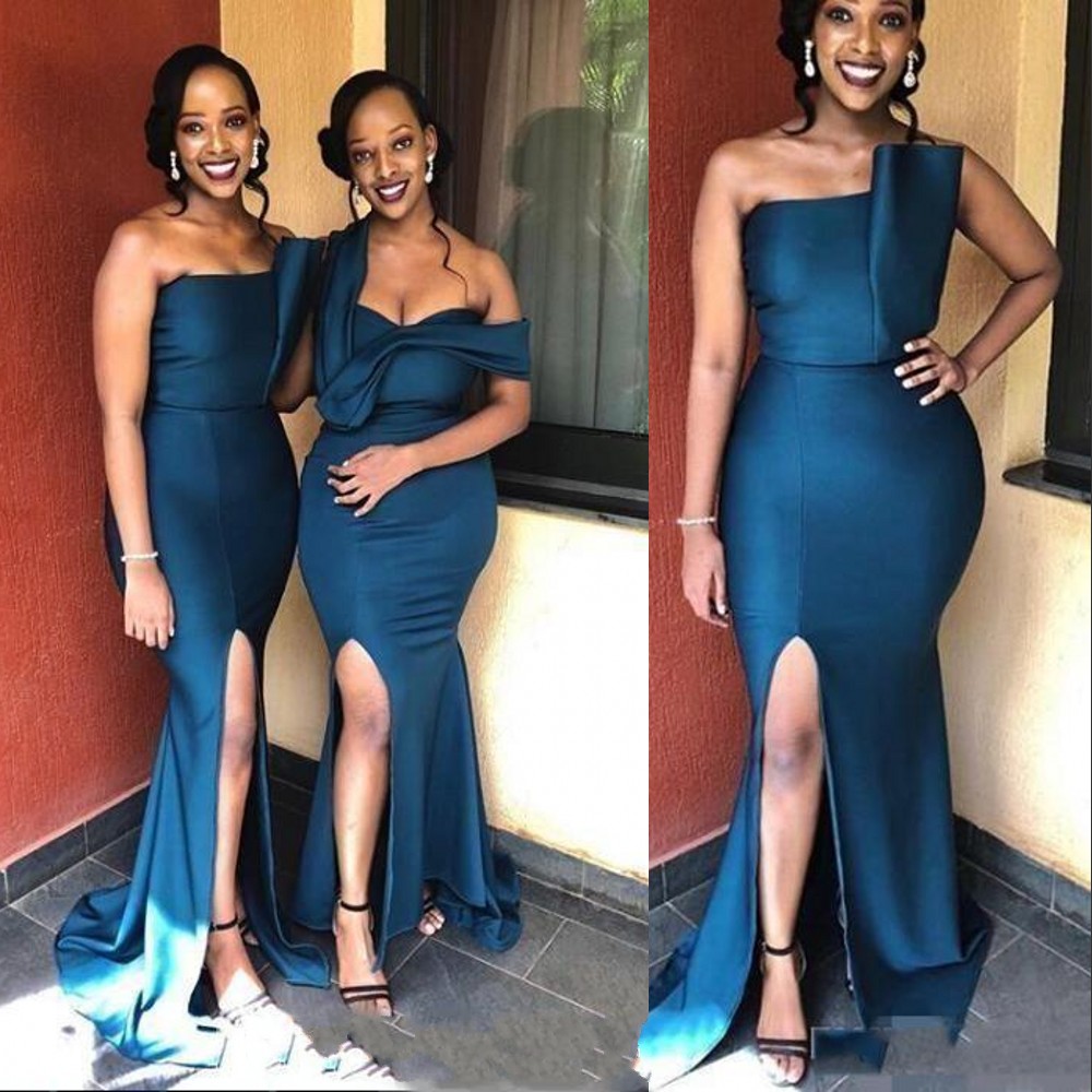 Blue Mermaid Bridesmaid Dresses Mixed Styles South Afrian Maid Of Honor Gowns Side Split Plus Size Custom Made Wedding Guest Wear