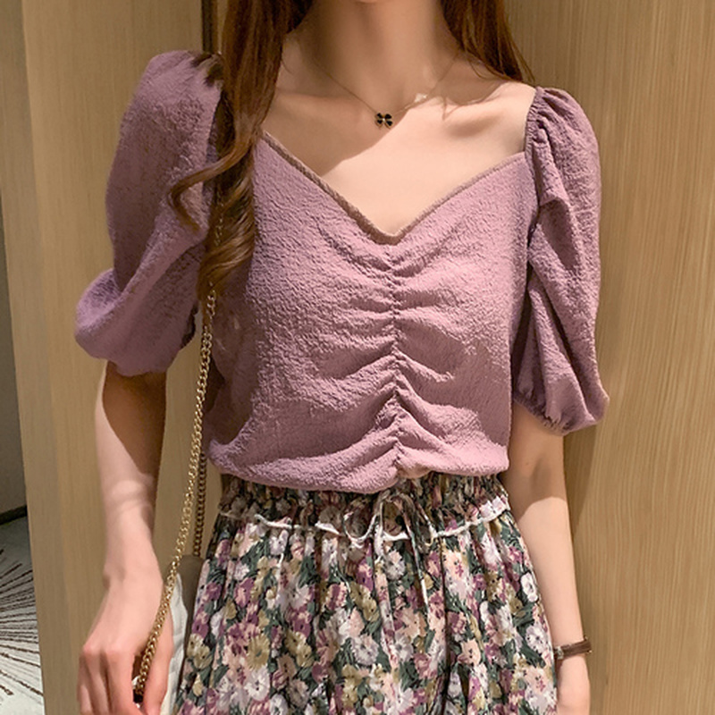 Solid V-neck Chiffon Blouse Blusas Mujer De Moda Korean Fashion Clothing Summer Ladies Tops White Shirt 9366 210506