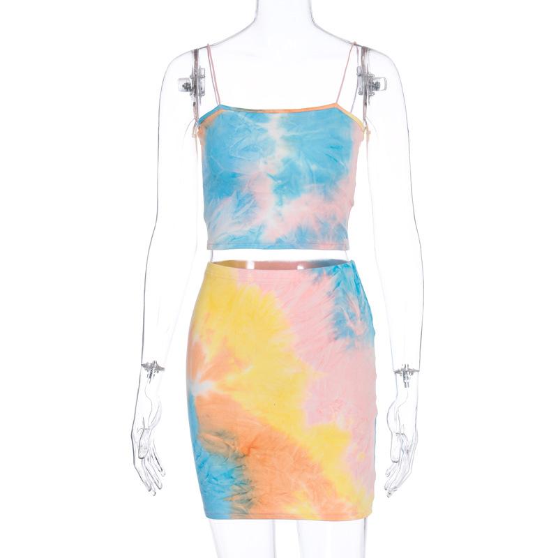 Fashion Spaghetti Straps Tie Dye Print Sexy Camis Skirt Two 2 Piece Set 2021 Summer Women Party Club Holiday Tracksuit Dress