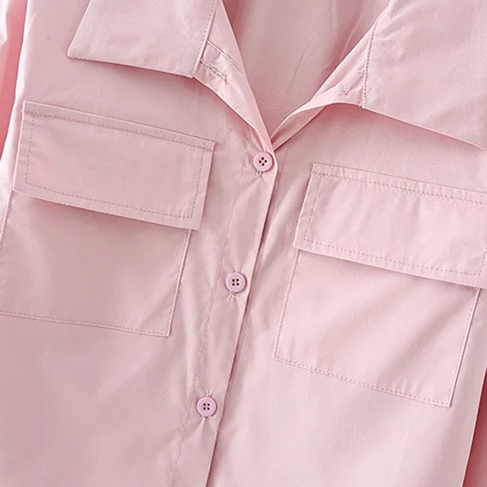Women Fashion Pink Elegant Pockets Oversized Blouses Vintage Lapel Collar Long Cuffed Sleeves Female Shirts Chic Tops 210520