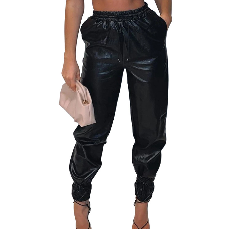 Women Pants Elastic Waist Trousers Loose Casual Leather Fashion PU Harem Plus Size 210513