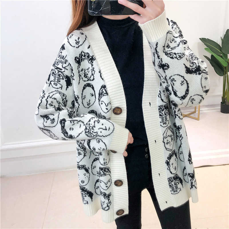 AZYT Autumn Winter Comic V neck Cardigan Female Jacket Knitwear Sweater Coat Casual Knit Jacket Sweater For Women 210928