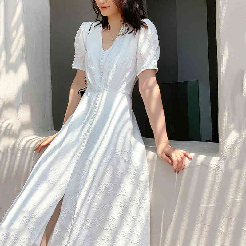 [EAM] Women White Elegant Irregular Long Dress V-Neck Short Puff Sleeve Loose Fit Fashion Spring Summer 1W513 210512