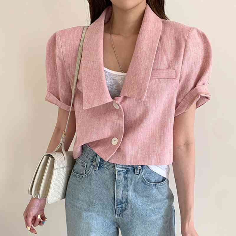 Temperament Fashion Summer Yellow Short Sleeve Two Buttons Jackets Women Loose Casual Wild Turn Down Collar Coat Tops 210429