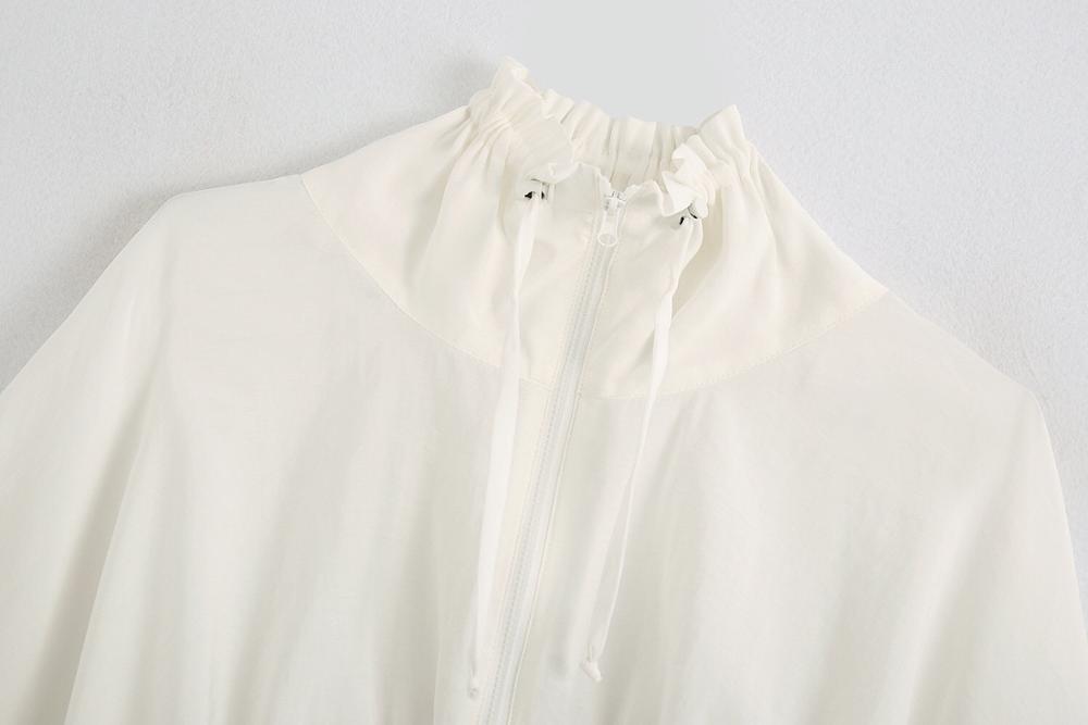 Stand Ruffles collar White Short Jacket Retro Women Bat Long Sleeve Adjust Rope Elastic Hem High Waist Jackets Casual Tops 210429