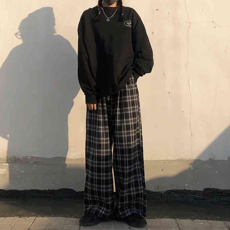 IEFB /Korea Trend Men And Women Clothes spring Fashion All-match Casual Pants Loose Plaid Wide Leg Pants Trousers 9Y357 210524