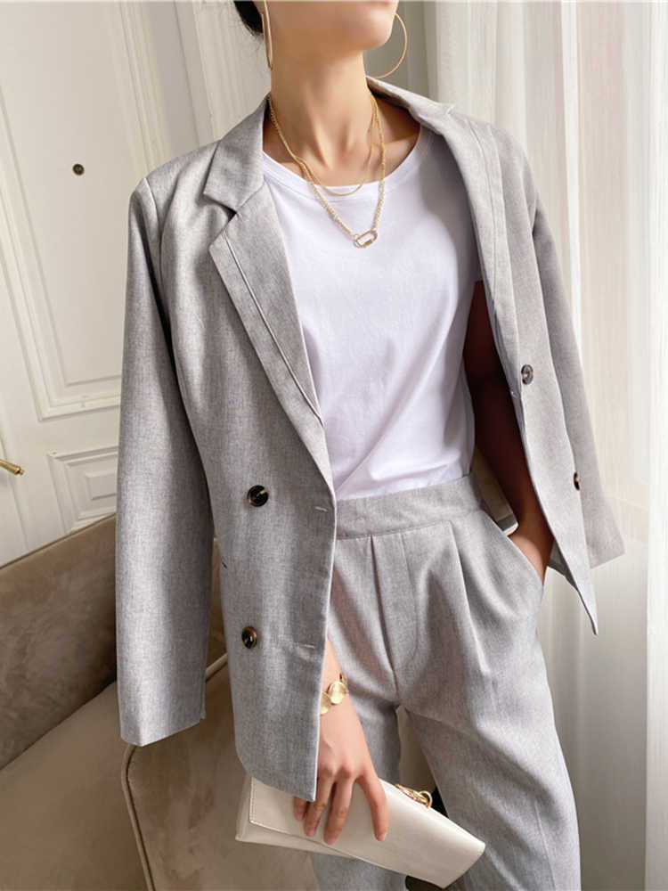 Fashion Elegant Women Blazer Suits Long Sleeve Double-breasted OL Pants Set Office Ladies Two-piece Sets 210601