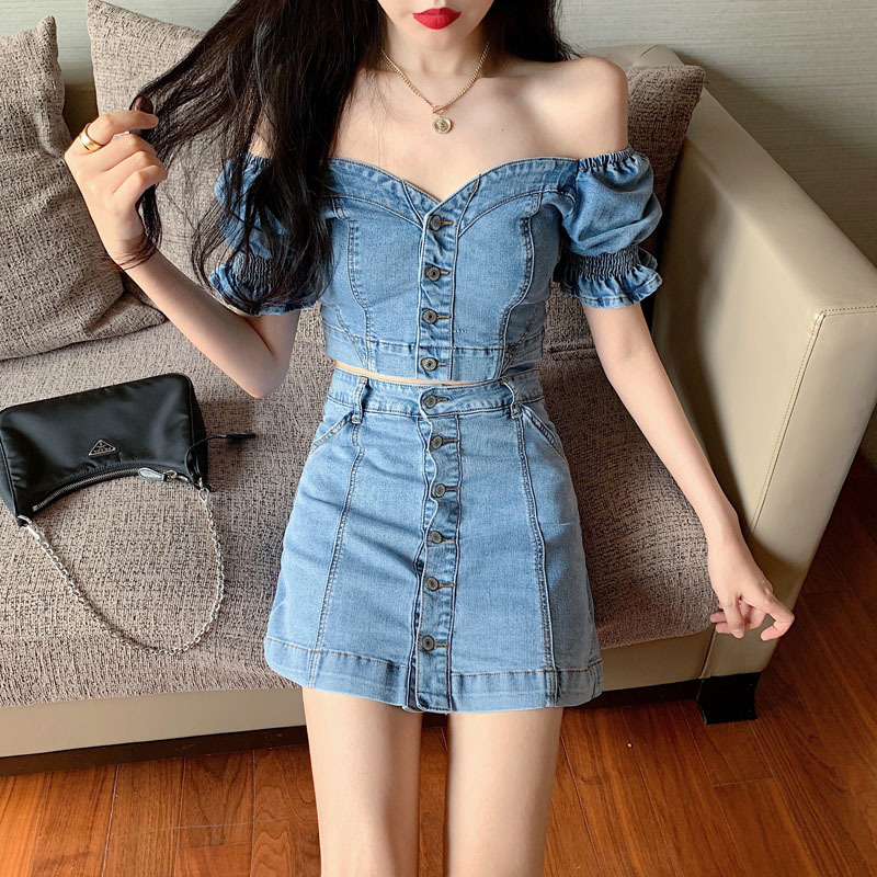 Korean Summer Women 2 Piece Set Denim Sexy Slash Neck Short Sleeve Buttons Crop Top + Mini Skirts Suit Female 210519