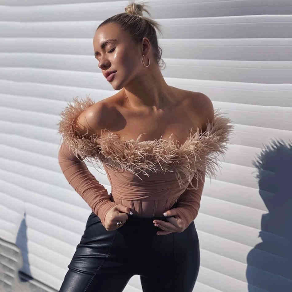 Free Fashion Bandage Bodysuit Feathers Strapless Off Shoulder Spring Long Sleeve Blush Women's 210524