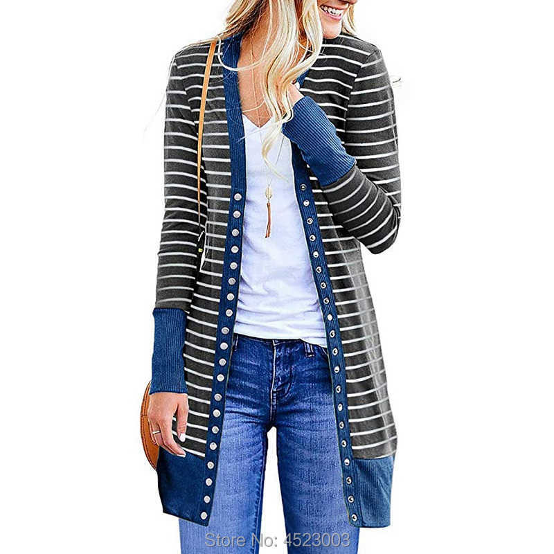 Women's Long Sleeve Ribbed Neckline Open Front Stripe Snap Button Down Knit Cardigans Sweater Coats 211018