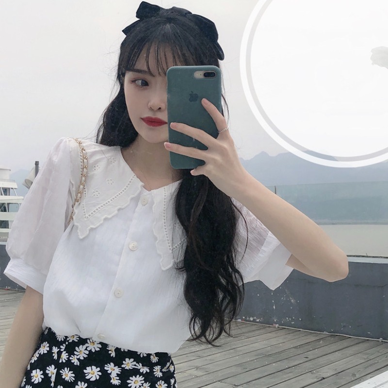 Chic Sweet Japan Summer Lace Patchwork Puff Short Sleeve Peter Pan Collar Purple Shirts Women Fashion Blusas Mujer Contrast 210429