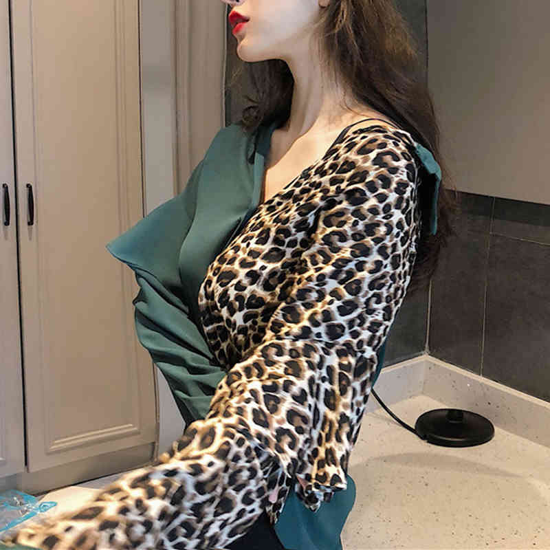 Vintage Shirt Casual Loose Ruffles Tops Fashion Leopard Blouse Women Long Sleeve Spliced Sexy Female Clothes Blusas 12050 210506