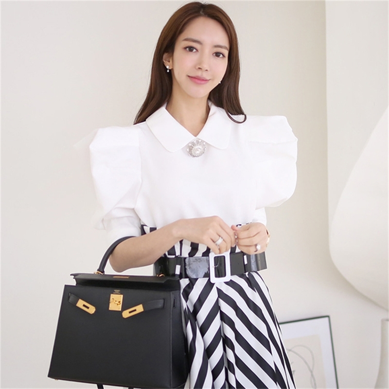 Summer Women Elegant 2-Piece Set Korean Temperament Sweet Puff Sleeve White Blouses + High Waist Big Swing Skirt Suit 210519