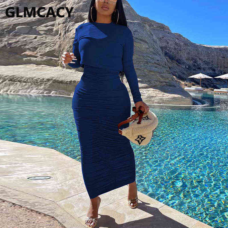 Women Two Piece Ruched Dress Set Long Sleeve Crop Top & Casual Maxi Skirt 211106
