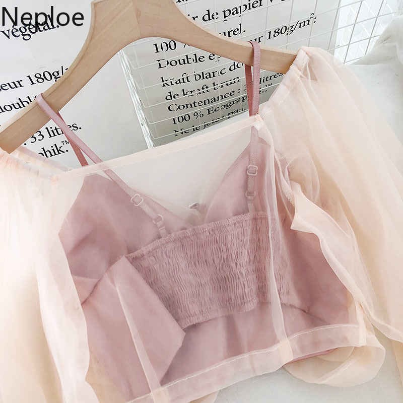 Neploe Summer Sweet Outfits Blusas Womens Gauze V-neck Shirt Sling Crop Tops Korean Fashuin Suit Femme Roupas 2 Piece Set 95318 210422