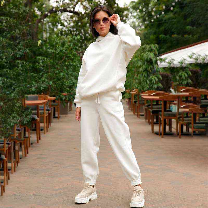 Two Piece Set Casual Fleece Tracksuit Women Winter Women's Sets Hooded Long Sleeve Hoodie Sport Pants Lady Suit 211105