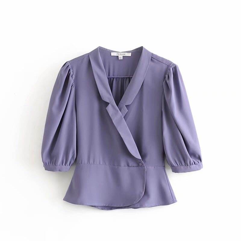 France Retro Lapel Puff Sleeve Floral Print Shirt Women Slim Waist Short Crop Blouse Girl's Tops 210429