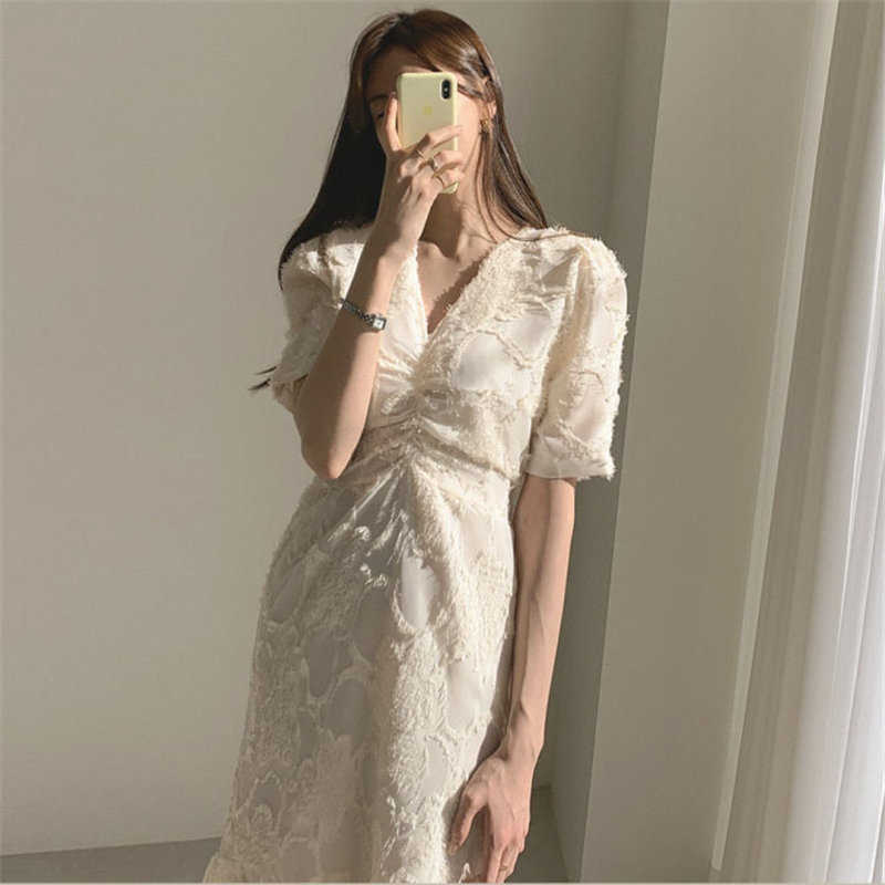 Alien Kitty Stylish V-Neck Elegant Waist-Controlled Slimming Early Spring Plus Slender Ruffles Short-Sleeved Long Dress 210630