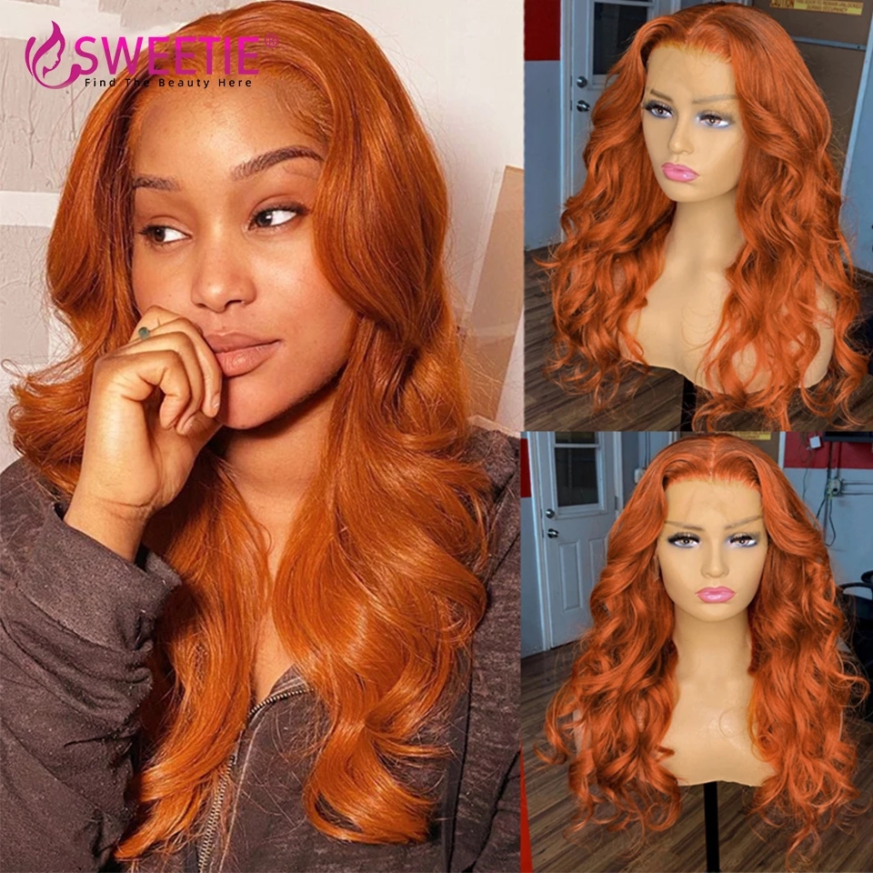 Free shipping Ginger Orange Body Wave Lace Front Human Hair Wig with BabyHair 13x4 Wavy Synthetic Wigs Bleached Knots For Women