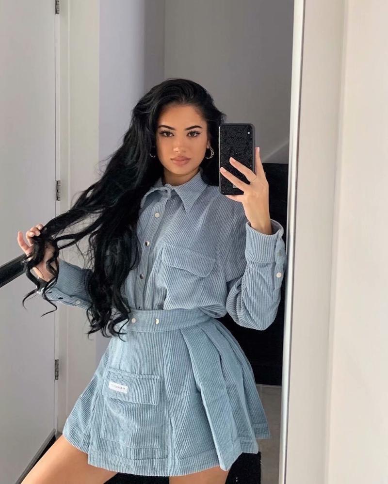 Two Piece Dress 2021 Instagram Explosion Models Sexy Women's Fashion Casual Cozy Corduroy Shirt Mini Pleated Skirt Pieces Suit, Dark blue
Two Piece Dress 2021 Instagram Explosion Models Sexy Women's Fashion Casual Cozy Corduroy Shirt Mini Pleated Skirt Pieces Suit, Dark blue