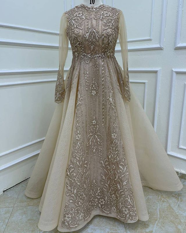 Plus Size Arabic Aso Ebi Muslim Lace Beaded Prom Dresses A-line Long Sleeves Vintage Evening Formal Party Second Reception Gowns Dress ZJ044