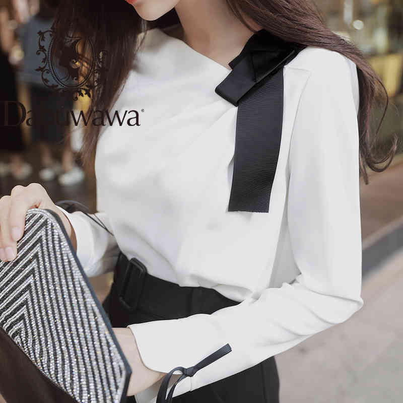 Dabuwawa Autumn White Blouse Women Bow Neck Long Sleeve Workwear Solid Shirts Tops Office Lady DT1BST014 210520