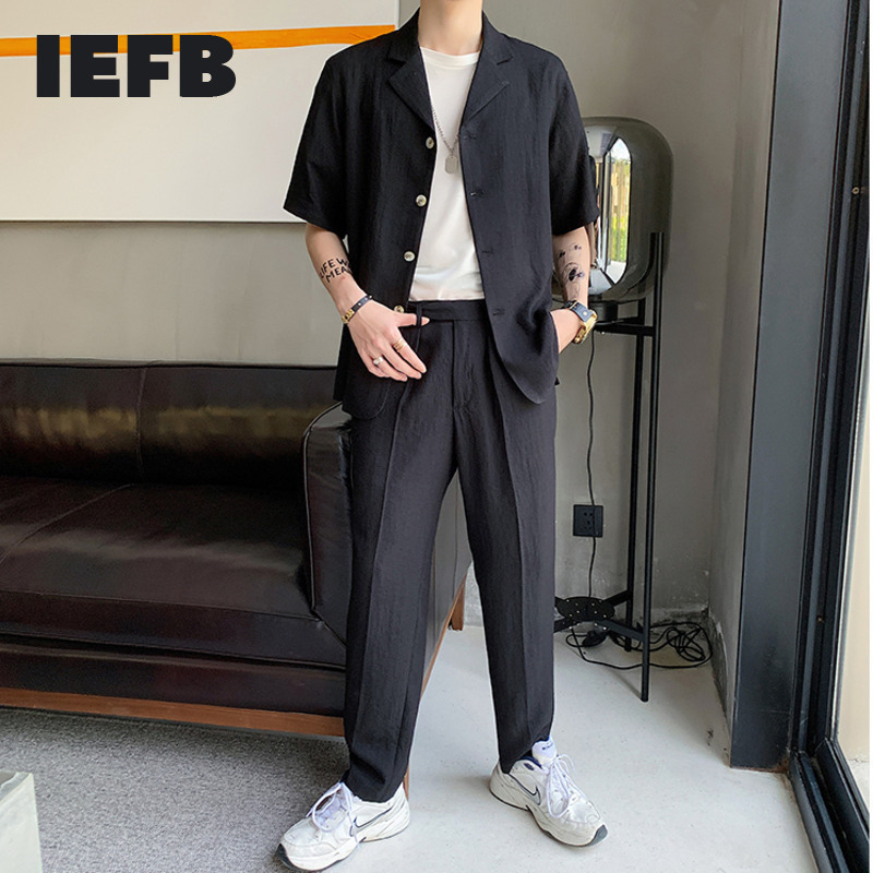 IEFB Men's Wear Casual Cotton And Linen Half Sleeve Shirt + Elastic Trousers Two-piece Set Summer Fashionable 9Y2746 210524