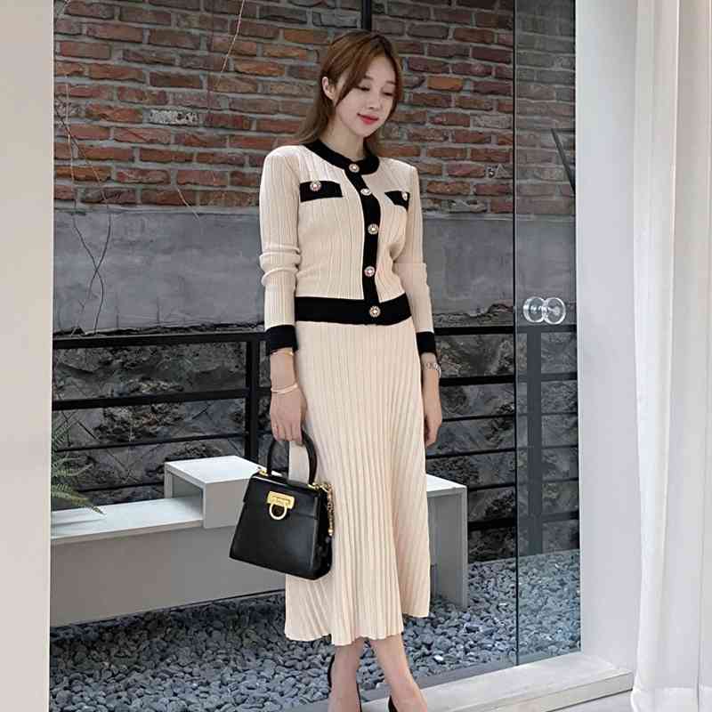Autumn And Winter Knitted Cardigan Two Pieces Sets Single Breasted Full Sleeve High Waist Pleated Long Skirt Women Suit 210520
