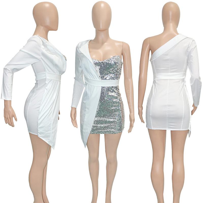 Casual Dresses Patchwork Sparkly Sequined Blazer Dress Women Long Sleeve One Shoulder Bodycon Mini Sexy Night Club Party Birthday