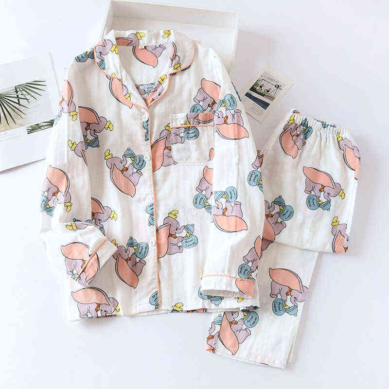 Fresh pajamas sets women 100% gauze cotton Japanese summer long sleeve casual sleepwear women simple cute bear pyjamas 211118