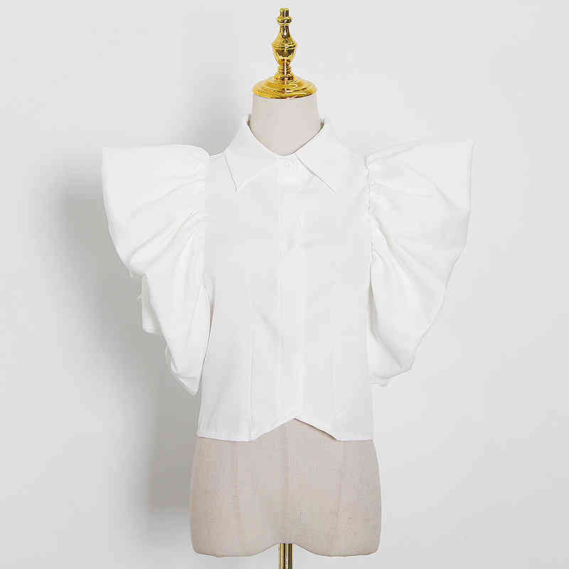 White Ruffle Shirt For Women Lapel Short Sleeve Vintage Large Size Elegant Blouse Female Clothing Summer 210524