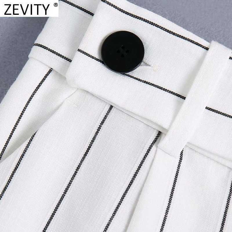 Zevity Women Vintage Striped Print Pocket Wide Leg Pants Retro Female Chic Zipper Fly Casual Slim Long Trousers P1107 210603
