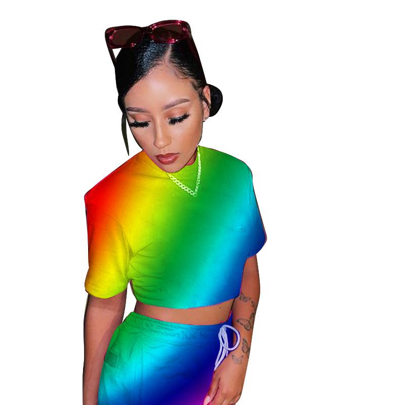 Women's Tracksuits Fashion Rainbow Print Shorts Sets 2021 Est Summer Turtleneck Short Sleeves Vest Tops Casual 2PCS Nightclub Party