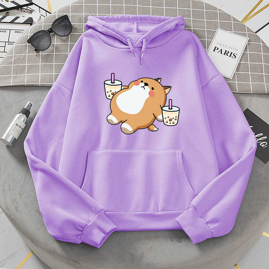 Boba Tea Hoodie Cute Dog Hooded Sweatshirt Harajuku Hoodies Lovely Kawaii Casual Hoody O-Neck Women's Clothes 210910