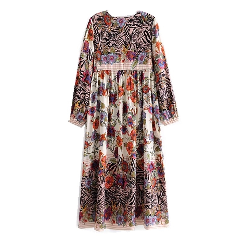 Bohemian Bandage Lacing up Collar Location Flower Print Women Dress Ethnic Long Sleeve Maxi Dresses Holiday Beach 210429