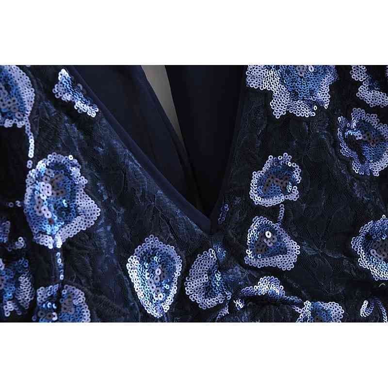 Retro Women Navy blue Beading Sequins Mesh Dress Sexy Lantern Long sleeve Hollow Out Backless Short Party Dresses 210429