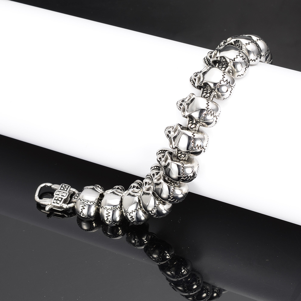 Large Heavy Mens Stainless Steel Skull Link Bracelet Biker Gothic Silver Color High Polished 8.5 Inches