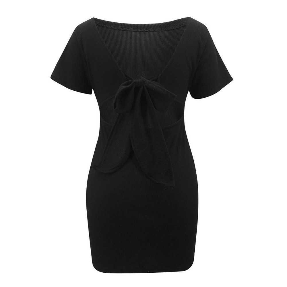 Elegant Backless Bow Slim Wrap Hip Black Dress Women Sexy O Neck Short Sleeve Solid Knitted Party Club Bodycon Mini Summer 210526