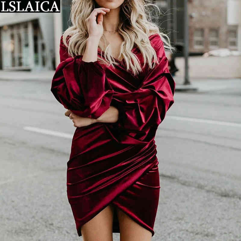 Fashion Night Dress Long Sleeve V Neck Sexy Elegant Velvet Women Off Shoulder Solid Evening Party Club Mini Female 210515