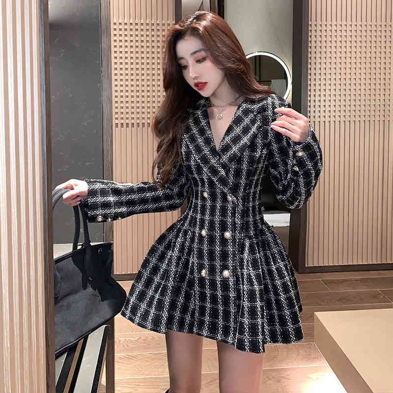 Spring Autumn Women's Elegant Office OL Plaid Tweed Temperament Suit Double Breasted High Waist Slim Pleated Mini Dress 210519