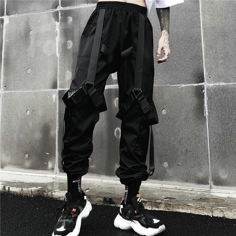 Streetwear Cargo Pants Men Harajuku Tactical Ribbon Multi-pocket Trousers Women Elastic Waist HipHop Male Black Pant Men's